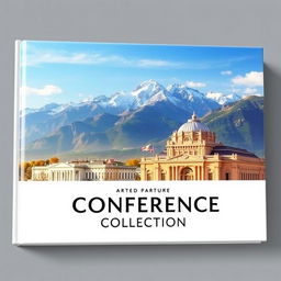 Vertical cover of the Conference Collection featuring a stunning photograph of Almaty with majestic mountains in the background and a prominent theater building