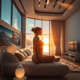 A hyper-realistic image of a modern living room interior featuring a panoramic window with a stunning view of a lake, mountains, and clouds