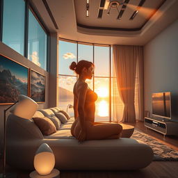 A hyper-realistic image of a modern living room interior featuring a panoramic window with a stunning view of a lake, mountains, and clouds