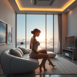 A hyper-realistic image of a modern living room interior featuring a panoramic window with a stunning view of a lake, mountains, and clouds