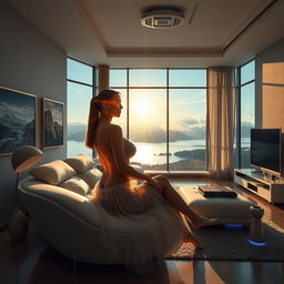 A hyper-realistic image of a modern living room interior featuring a panoramic window with a stunning view of a lake, mountains, and clouds