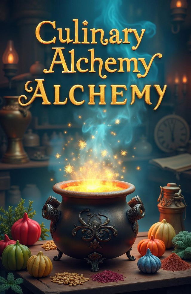 A whimsical and enchanting book cover for 'Culinary Alchemy by Jeremy Baron'