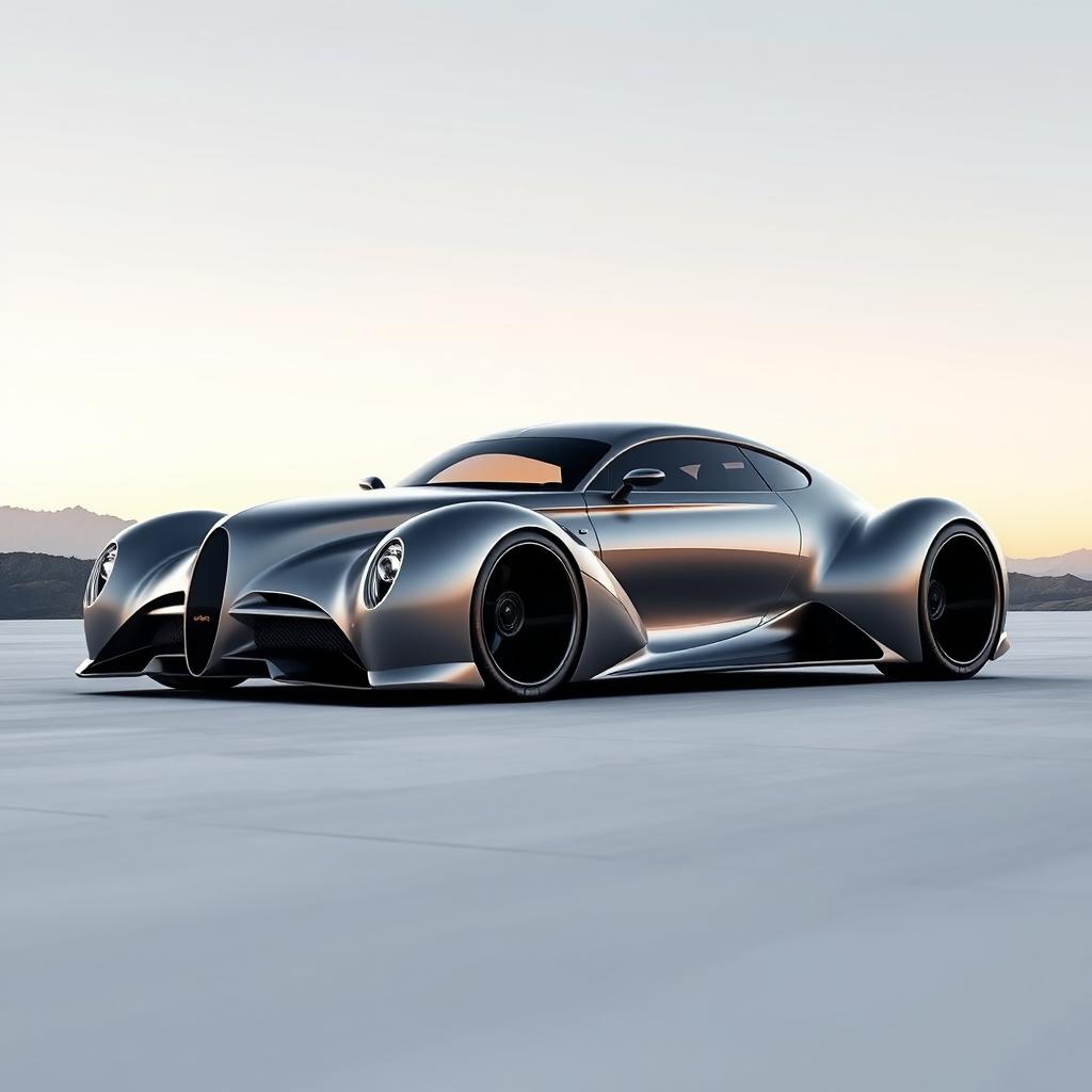 A futuristic supercar seamlessly blending the characteristics of a 1939 Chevy Coupe and a 2025 Mercedes concept car, artistically designed by Khyzyl Saleem