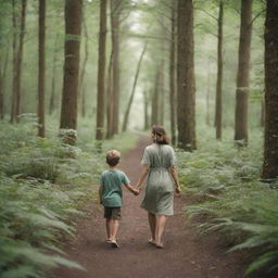 A tender scene of a mother holding hands with her young son as they walk together through a lush, serene forest teeming with life.