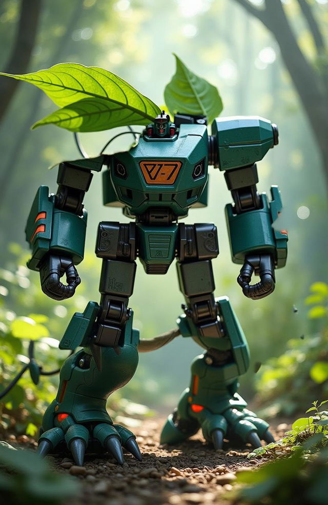 A detailed mecha toy resembling Venusaur, set in a lush forest environment