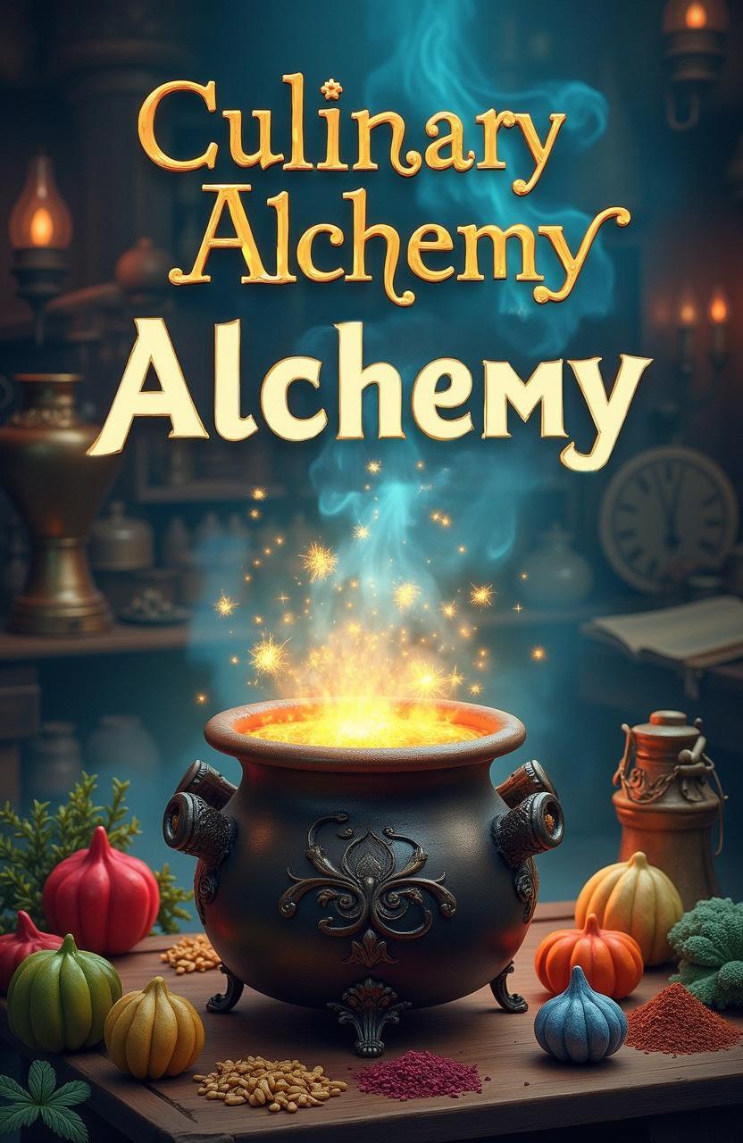 A whimsical and enchanting book cover for 'Culinary Alchemy by Jeremy Baron'