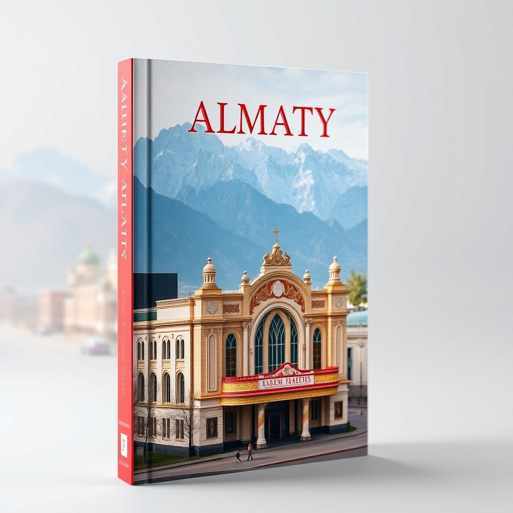 Vertical book cover featuring a captivating photograph of Almaty with the towering mountains in the background and a striking theater building in the foreground