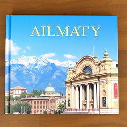 Vertical book cover featuring a captivating photograph of Almaty with the towering mountains in the background and a striking theater building in the foreground