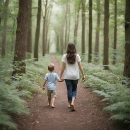 A tender scene of a mother holding hands with her young son as they walk together through a lush, serene forest teeming with life.