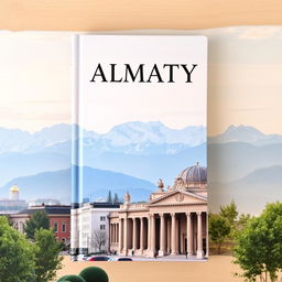 Vertical book cover featuring a captivating photograph of Almaty with the towering mountains in the background and a striking theater building in the foreground