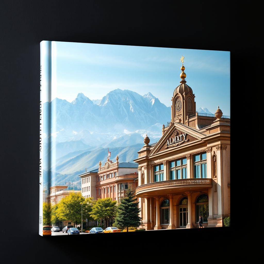 Vertical book cover featuring a captivating photograph of Almaty with the towering mountains in the background and a striking theater building in the foreground