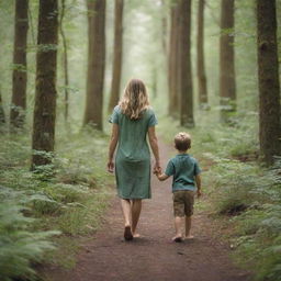 A tender scene of a mother holding hands with her young son as they walk together through a lush, serene forest teeming with life.