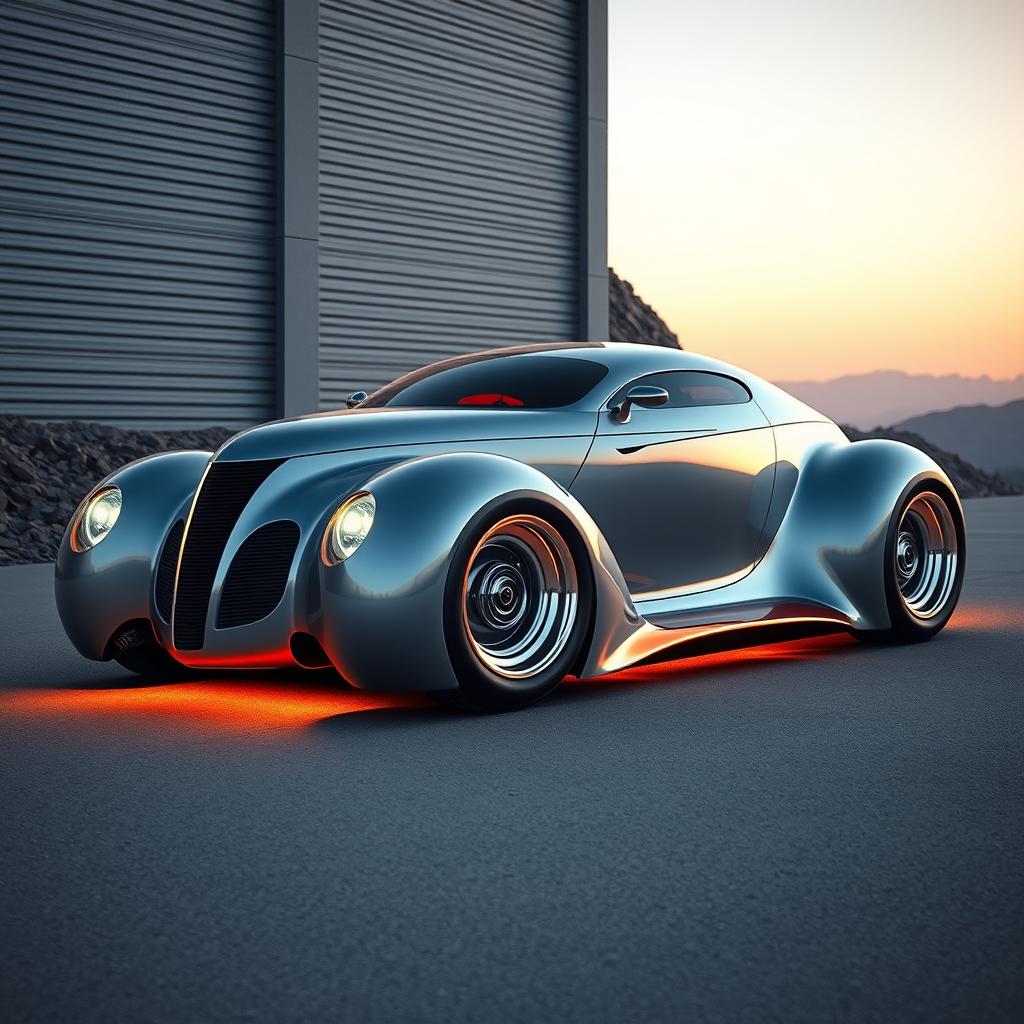 A futuristic supercar envisioned by Khyzyl Saleem, merging the classic essence of a 1939 Chevy Coupe with an innovative, contemporary touch