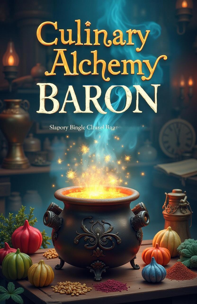 A whimsical and enchanting book cover titled 'Culinary Alchemy by Jeremy Baron'