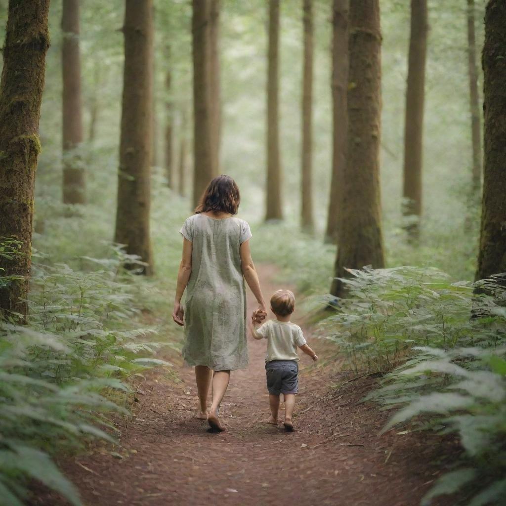 A tender scene of a mother holding hands with her young son as they walk together through a lush, serene forest teeming with life.