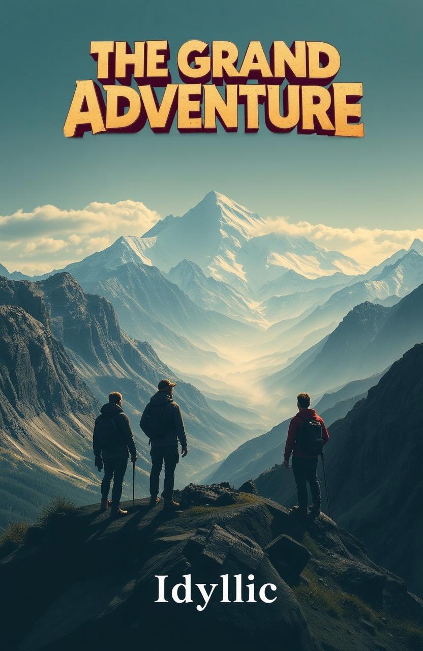 Create a book cover with a group of companions standing on a mountain peak, overlooking a vast and breathtaking landscape