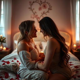 An intimate and passionate scene with two consenting adults exploring romance in a tasteful and visually stimulating manner, set in a cozy, softly lit bedroom with candles and rose petals scattered