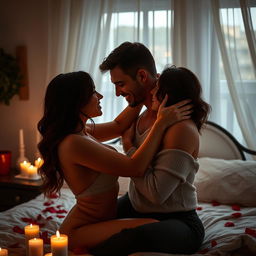 An intimate and passionate scene with two consenting adults exploring romance in a tasteful and visually stimulating manner, set in a cozy, softly lit bedroom with candles and rose petals scattered