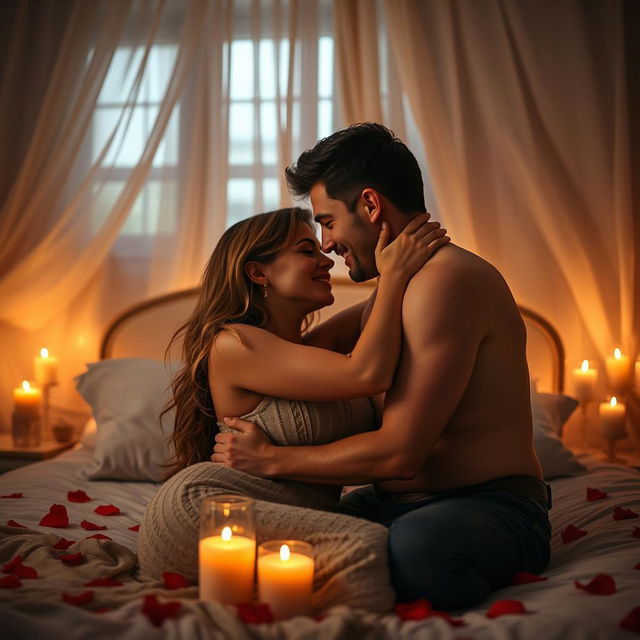 An intimate and passionate scene with two consenting adults exploring romance in a tasteful and visually stimulating manner, set in a cozy, softly lit bedroom with candles and rose petals scattered