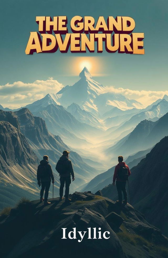 Add the text 'Idyllic' to a book cover featuring a group of companions standing on a mountain peak, overlooking a vast and breathtaking landscape