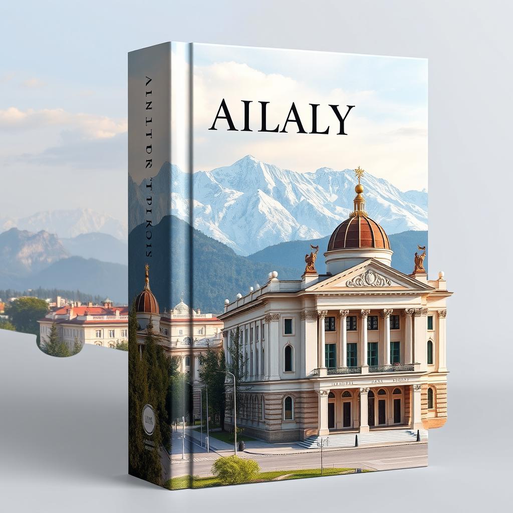 Vertical book cover featuring a stunning image of Almaty city, with the majestic mountains as a backdrop and a beautiful theater building in the foreground