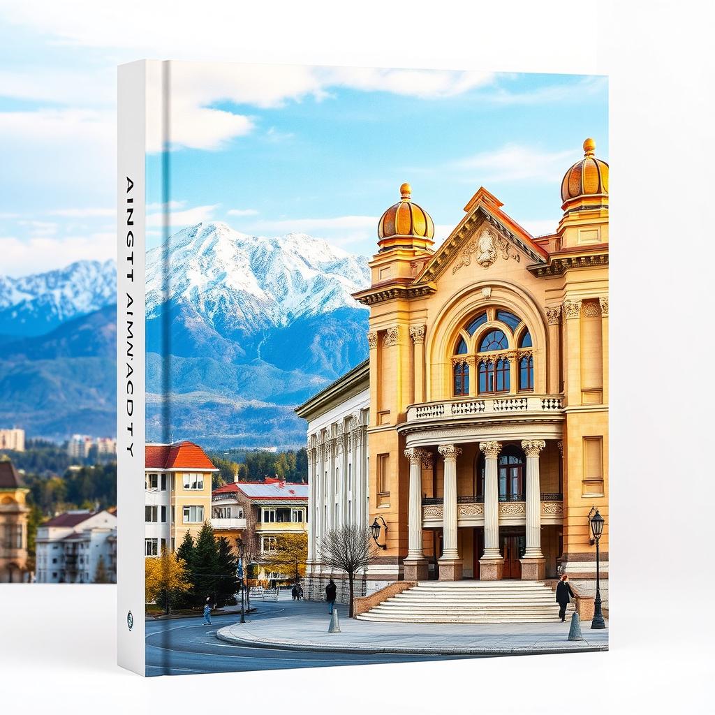 Vertical book cover featuring a stunning image of Almaty city, with the majestic mountains as a backdrop and a beautiful theater building in the foreground