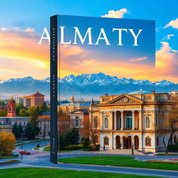 Vertical book cover featuring a stunning image of Almaty city, with the majestic mountains as a backdrop and a beautiful theater building in the foreground