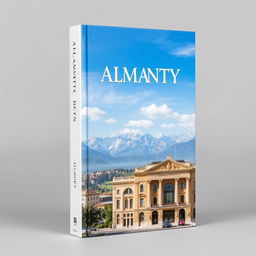 Vertical book cover featuring a stunning image of Almaty city, with the majestic mountains as a backdrop and a beautiful theater building in the foreground