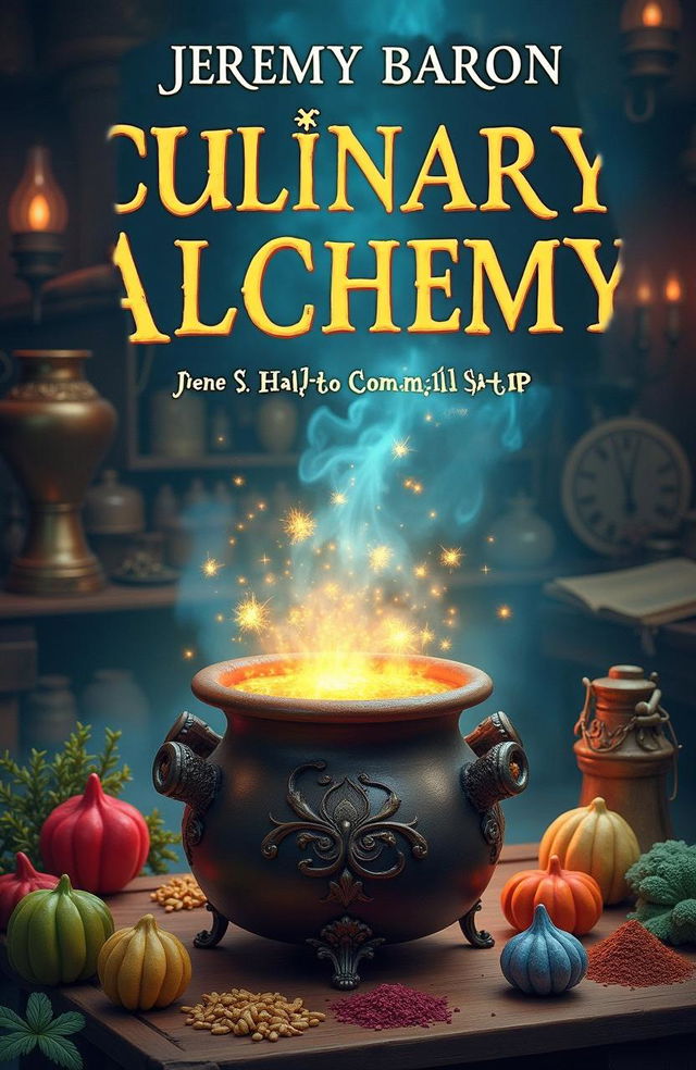 A whimsical and enchanting book cover for 'Culinary Alchemy by Jeremy Baron'