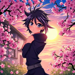 dynamic anime character with striking features, intricate hair details, and expressive eyes, posing in a vibrant setting, surrounded by a flurry of cherry blossoms and a radiant sunset in the background