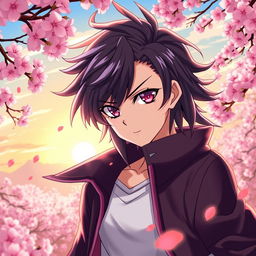 dynamic anime character with striking features, intricate hair details, and expressive eyes, posing in a vibrant setting, surrounded by a flurry of cherry blossoms and a radiant sunset in the background