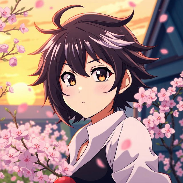 dynamic anime character with striking features, intricate hair details, and expressive eyes, posing in a vibrant setting, surrounded by a flurry of cherry blossoms and a radiant sunset in the background