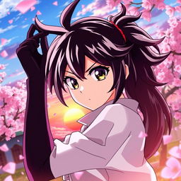 dynamic anime character with striking features, intricate hair details, and expressive eyes, posing in a vibrant setting, surrounded by a flurry of cherry blossoms and a radiant sunset in the background