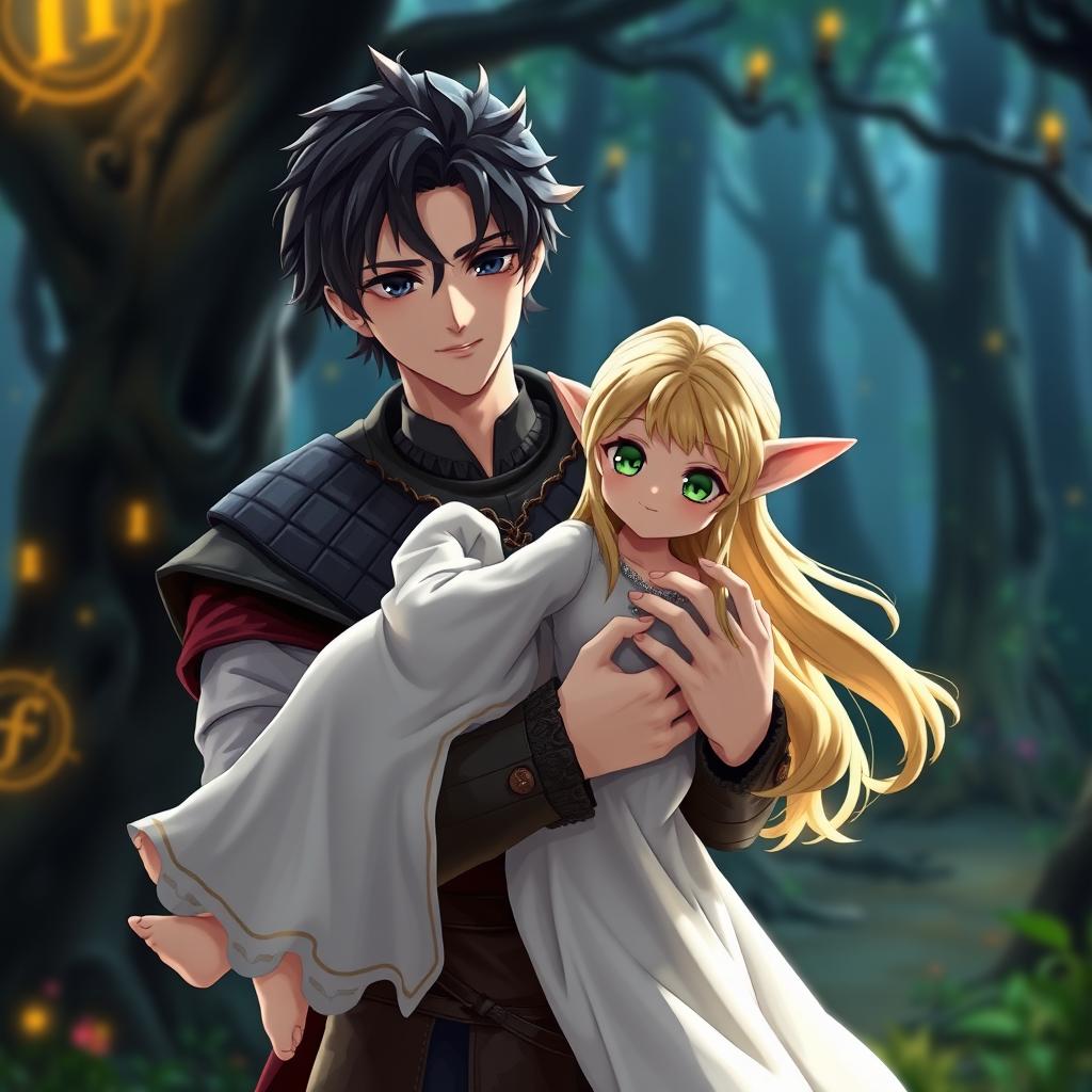 An anime figure of a dark-haired, black-eyed man in medieval attire holding a blonde, green-eyed elf in a white dress