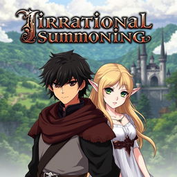 An anime figure of a dark-haired, black-eyed man in medieval attire, standing beside a blonde, green-eyed elf in a flowing white dress