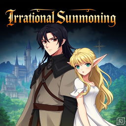 An anime figure of a dark-haired, black-eyed man in medieval attire, standing beside a blonde, green-eyed elf in a flowing white dress