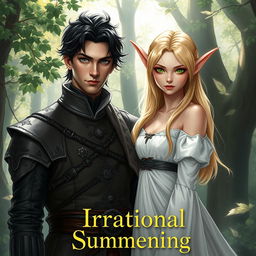 A hyper-realistic illustration of a dark-haired, Black-eyed man dressed in intricate medieval attire standing beside an enchanting blonde, green-eyed elf wearing a flowing white dress