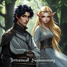 A hyper-realistic illustration of a dark-haired, Black-eyed man dressed in intricate medieval attire standing beside an enchanting blonde, green-eyed elf wearing a flowing white dress