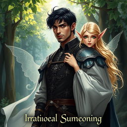 A hyper-realistic illustration of a dark-haired, Black-eyed man dressed in intricate medieval attire standing beside an enchanting blonde, green-eyed elf wearing a flowing white dress