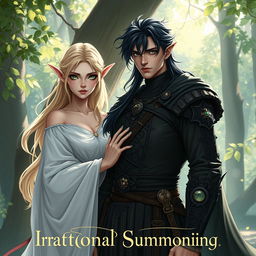 A hyper-realistic illustration of a dark-haired, Black-eyed man dressed in intricate medieval attire standing beside an enchanting blonde, green-eyed elf wearing a flowing white dress