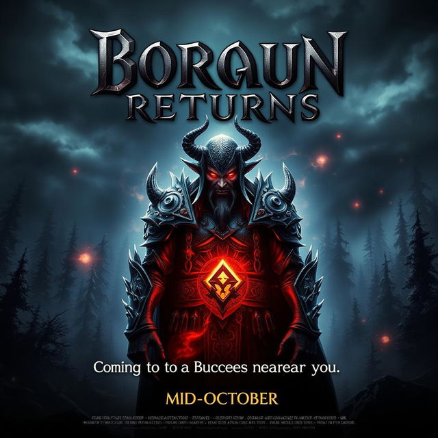 A cinematic movie poster with a World of Warcraft theme featuring a male evil warlock character Borkaun, with an ominous and dark demeanor