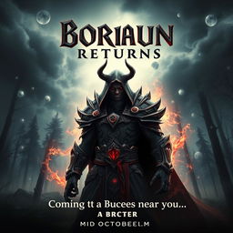 A cinematic movie poster with a World of Warcraft theme featuring a male evil warlock character Borkaun, with an ominous and dark demeanor