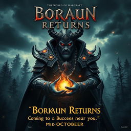 A cinematic movie poster with a World of Warcraft theme featuring a male evil warlock character Borkaun, with an ominous and dark demeanor