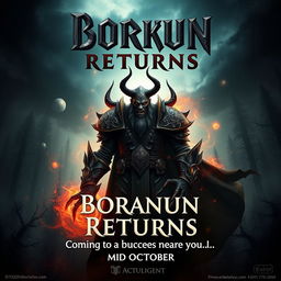 A cinematic movie poster with a World of Warcraft theme featuring a male evil warlock character Borkaun, with an ominous and dark demeanor