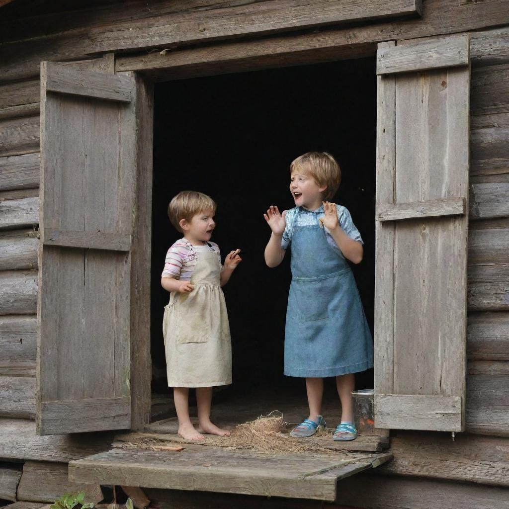 The wooden house scene where the mother and son were cooking, now depicting the surprising moment where they spot a little bird falling from its nest outside the window.