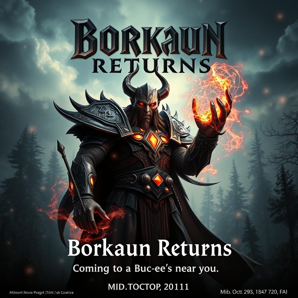 A cinematic movie poster with a World of Warcraft theme featuring a male evil warlock character Borkaun, with an ominous and dark demeanor