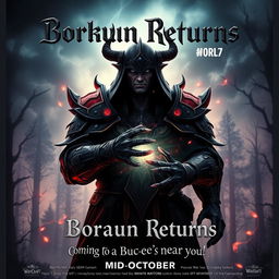 A cinematic movie poster with a World of Warcraft theme featuring a male evil warlock character Borkaun, with an ominous and dark demeanor