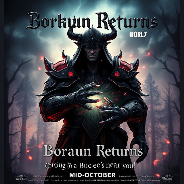 A cinematic movie poster with a World of Warcraft theme featuring a male evil warlock character Borkaun, with an ominous and dark demeanor