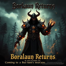 A cinematic movie poster with a World of Warcraft theme featuring a male evil warlock character Borkaun, with an ominous and dark demeanor