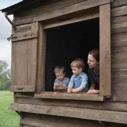 The wooden house scene where the mother and son were cooking, now depicting the surprising moment where they spot a little bird falling from its nest outside the window.